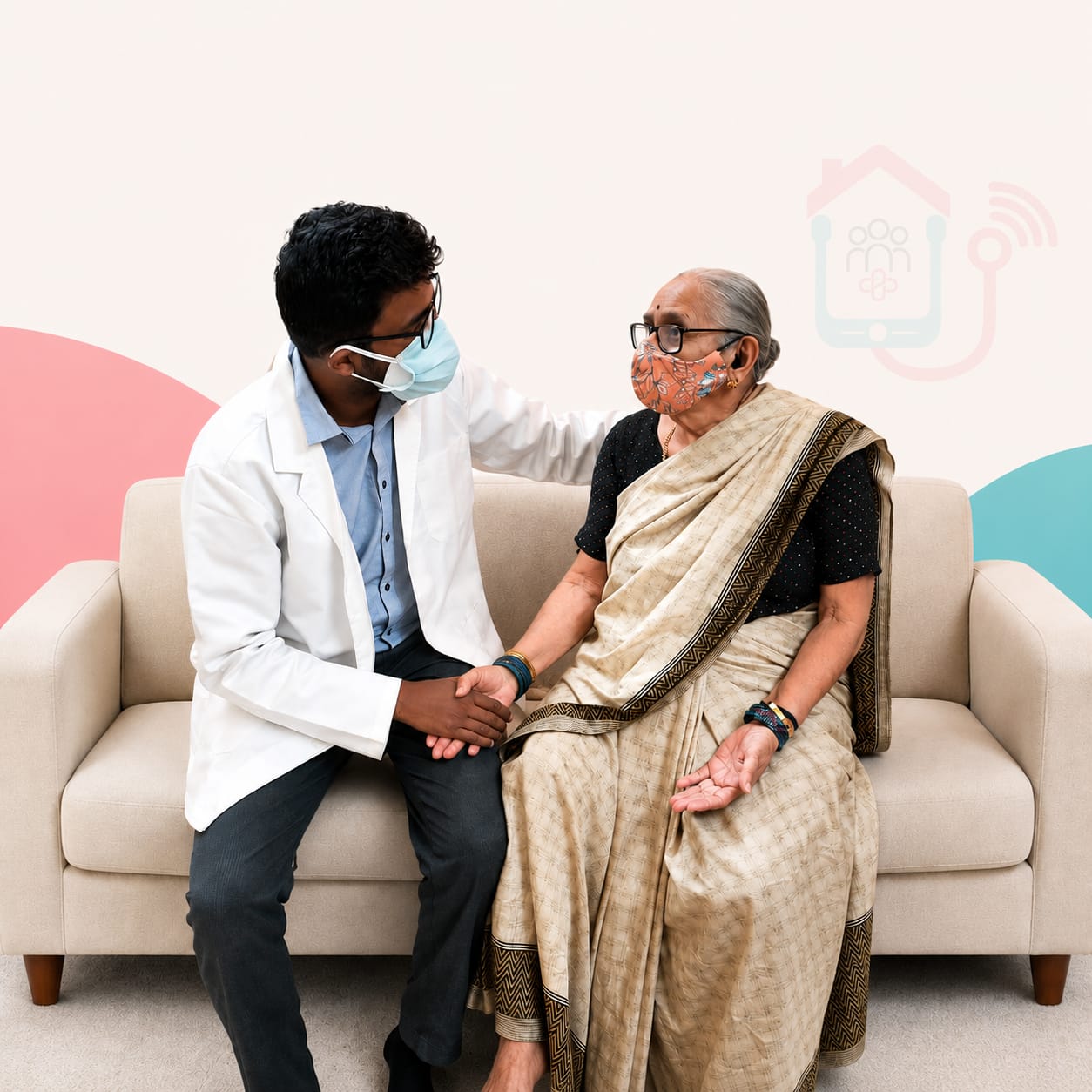 A JanaVaidya doctor making a home visit — sitting attentively with an elderly patient