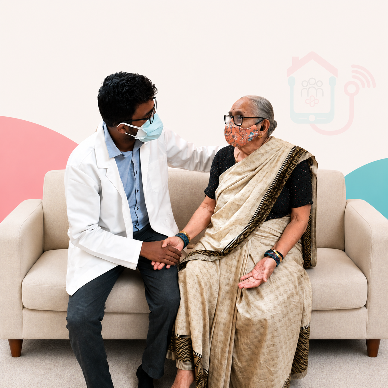 A JanaVaidya doctor making a home visit — sitting attentively with an elderly patient